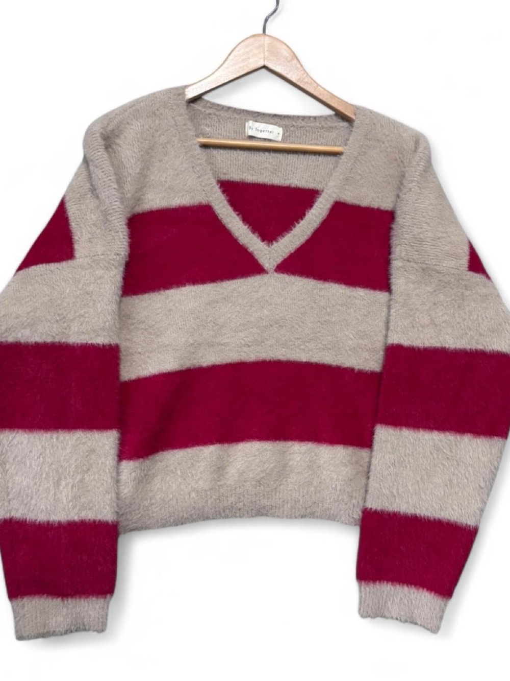 By Together Taupe and Red Striped V-Neck Sweater
